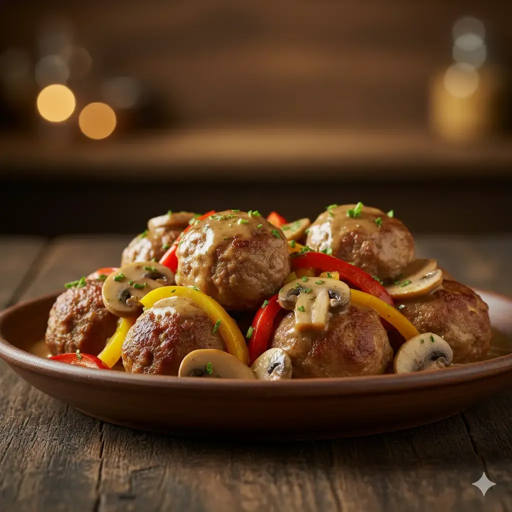 Albóndigas de pavo con champiñones y pimientos