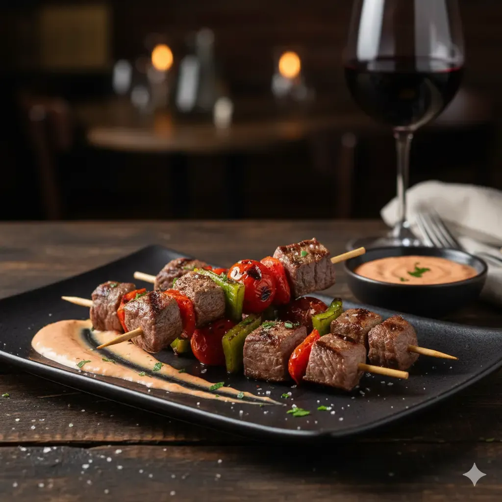 Brochetas de ternera con salsa de soja y tomate