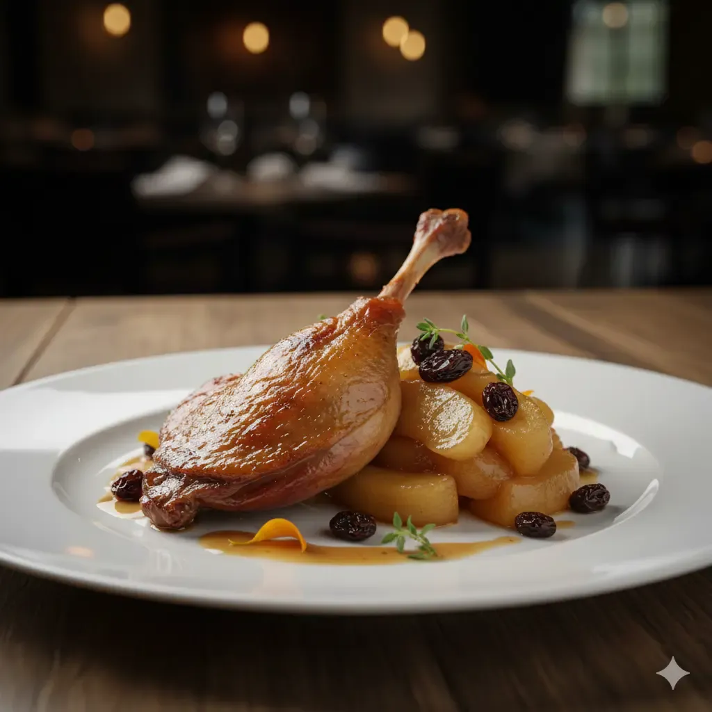 Confit de pato con manzana confitada y uvas pasas