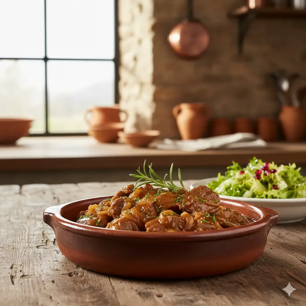 Cordero a la cazuela con cebolla confitada y ensalada de escarola y granada
