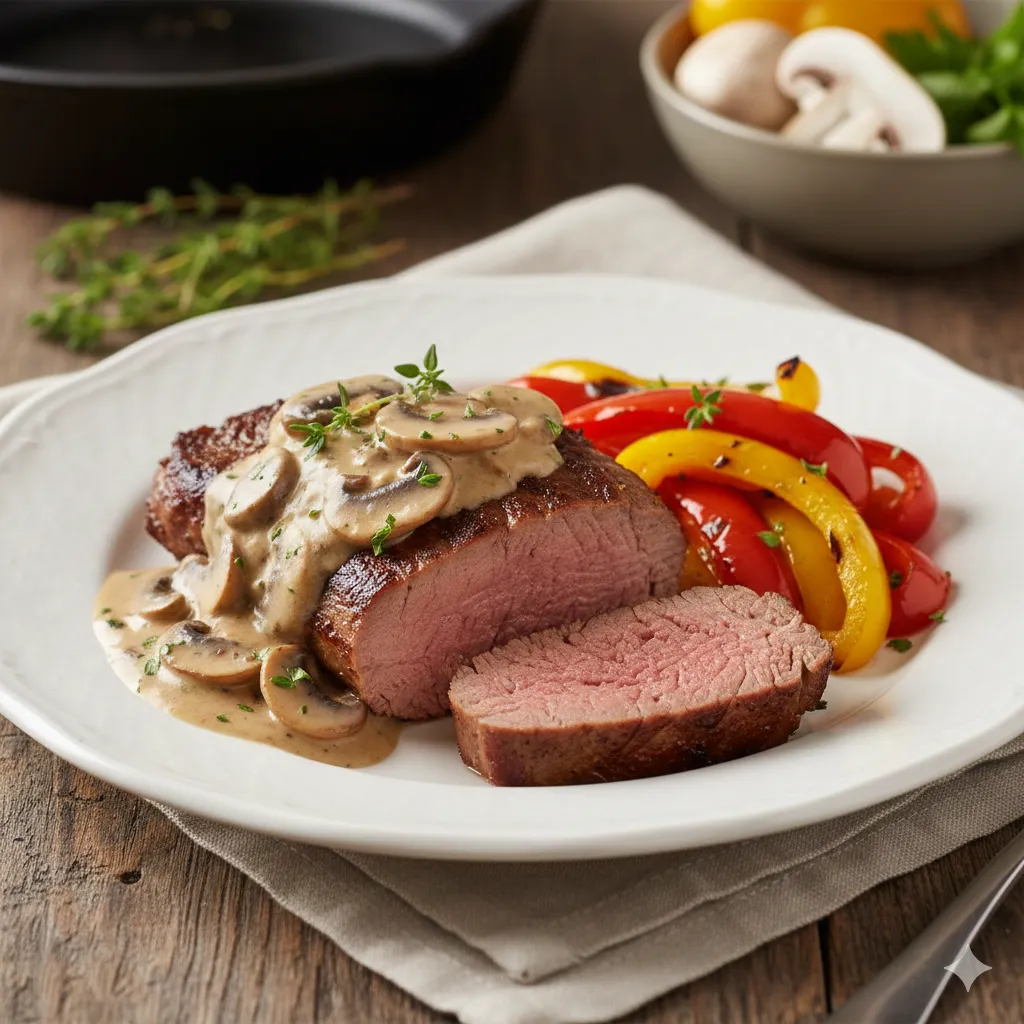 Filete de avestruz con salsa de champiñón y pimientos asados