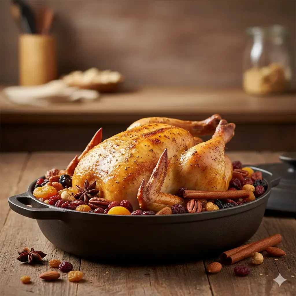 Pollo asado en cocotte con frutos secos y canela